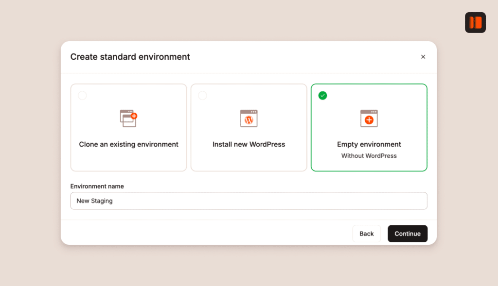 A Kinsta hosting interface offering options to create a standard environment. The 'Clone an existing environment' option is highlighted, with fields for environment name and selection of the environment to clone.