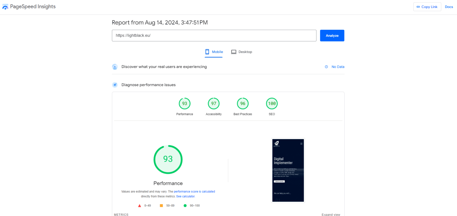 Punteggio PageSpeed Insights di LightBlack